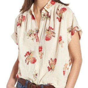 Madewell Cream Floral Button Down Short Sleeve Shirt Top Large
